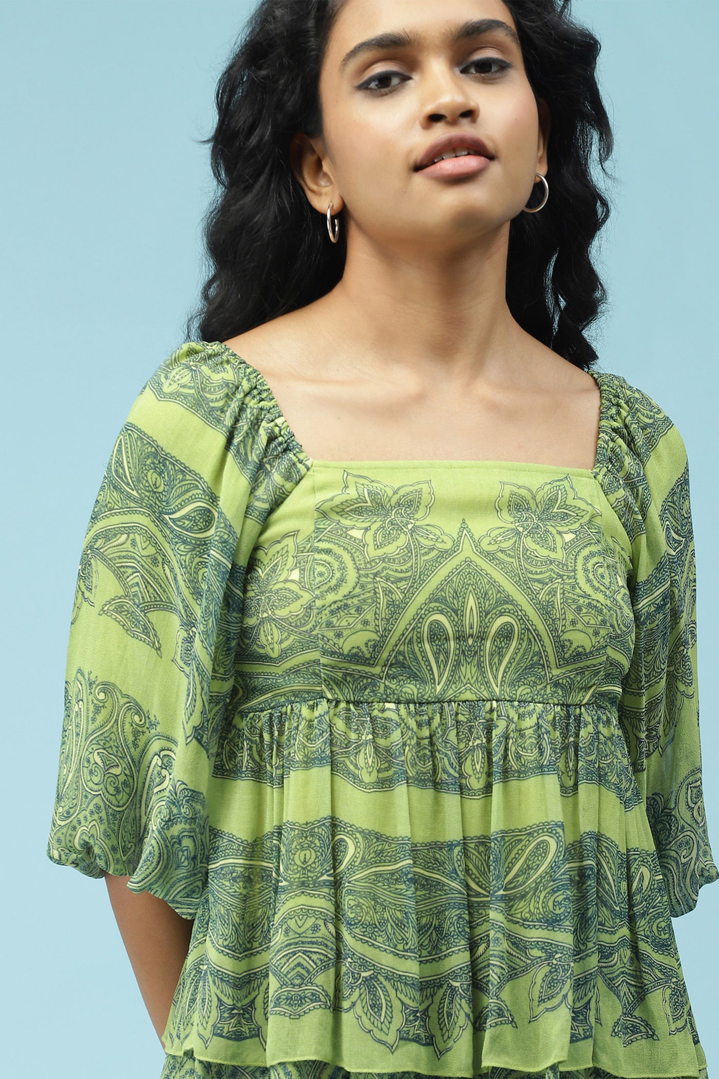 label ritu kumar Green Printed Top western  designer wear online shopping melange singapore