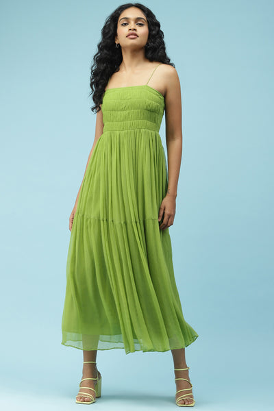 label ritu kumar Green Smocked Maxi Dress western  designer wear online shopping melange singapore