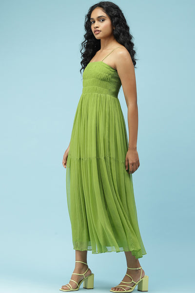 label ritu kumar Green Smocked Maxi Dress western  designer wear online shopping melange singapore