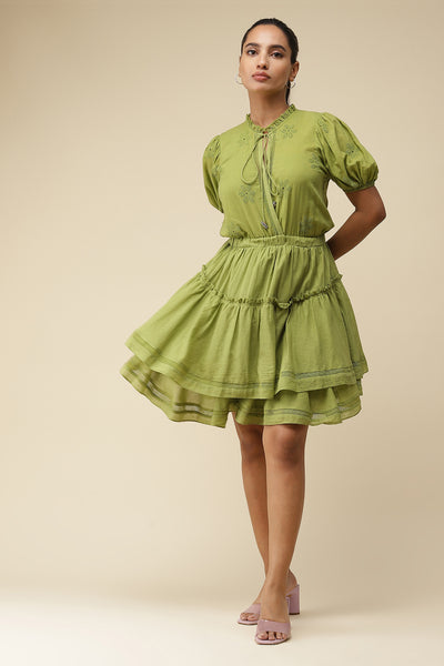 label ritu kumar Green Solid Tie Up Short Dress western  designer wear online shopping melange singapore