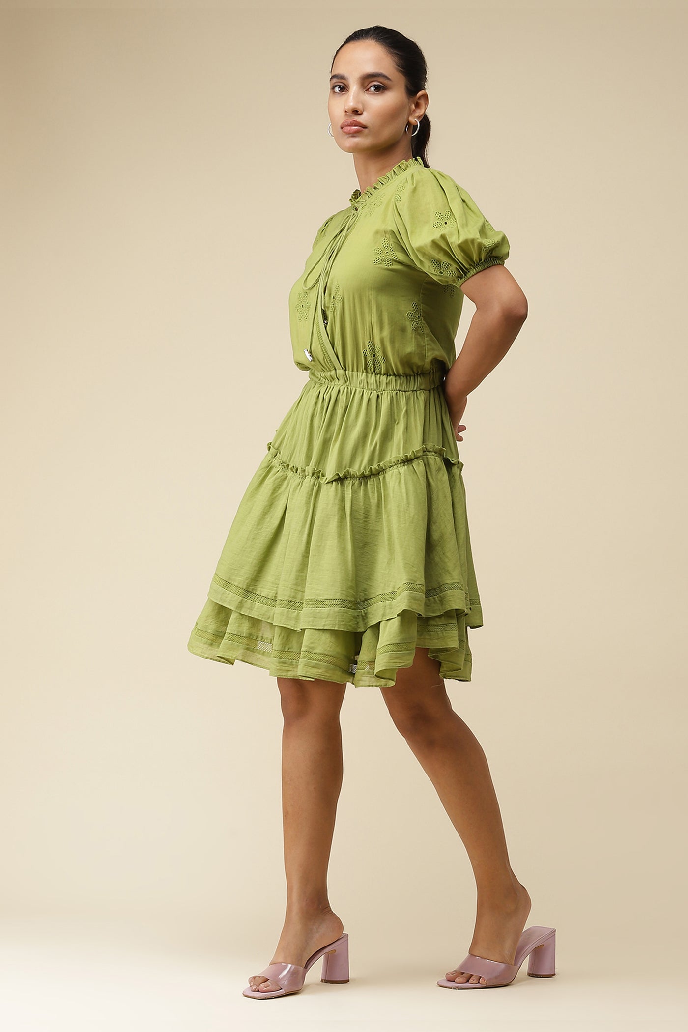 label ritu kumar Green Solid Tie Up Short Dress western  designer wear online shopping melange singapore