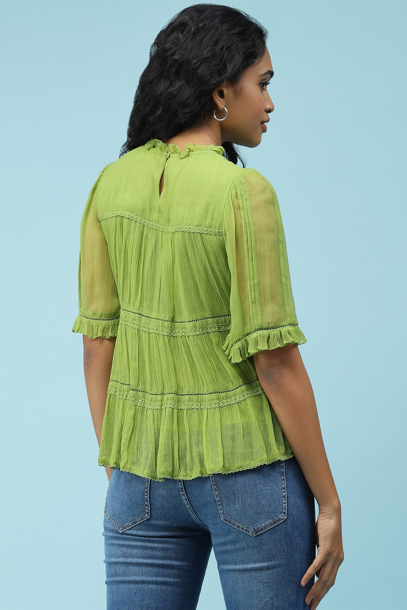 label ritu kumar Green Solid Top With Lace Inserts western  designer wear online shopping melange singapore