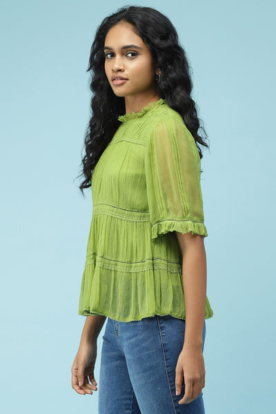 label ritu kumar Green Solid Top With Lace Inserts western  designer wear online shopping melange singapore