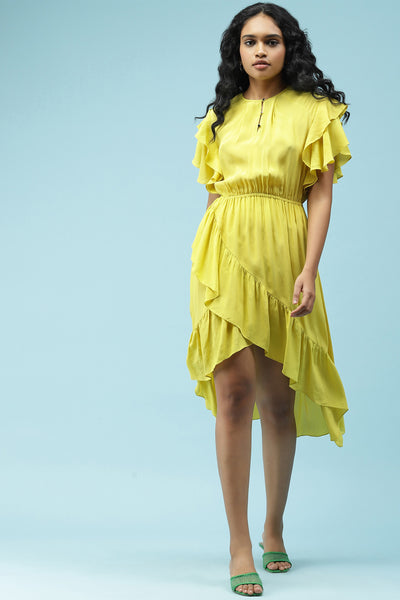 label ritu kumar Lime Green Ruffled Short Dress western  designer wear online shopping melange singapore