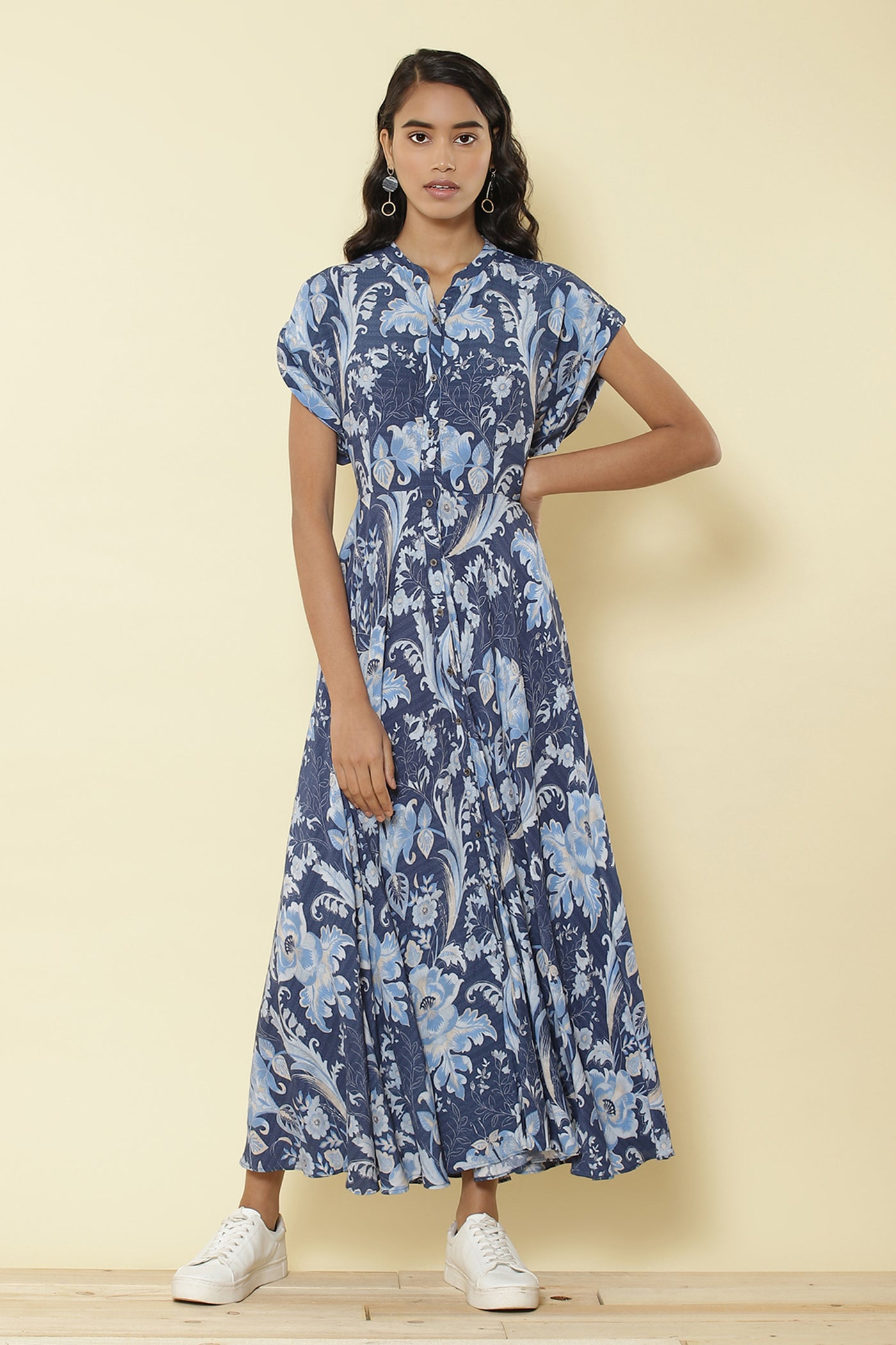 label ritu kumar Mandrain collar half sleeves printed long shirt dress blue online shopping melange singapore indian designer wear