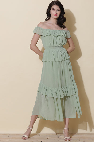 label ritu kumar Mint Green Off Shoulder Maxi Dress western  designer wear online shopping melange singapore