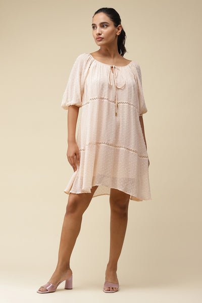 label ritu kumar Peach Tie-Up Short Dress With Lace Inserts western  designer wear online shopping melange singapore
