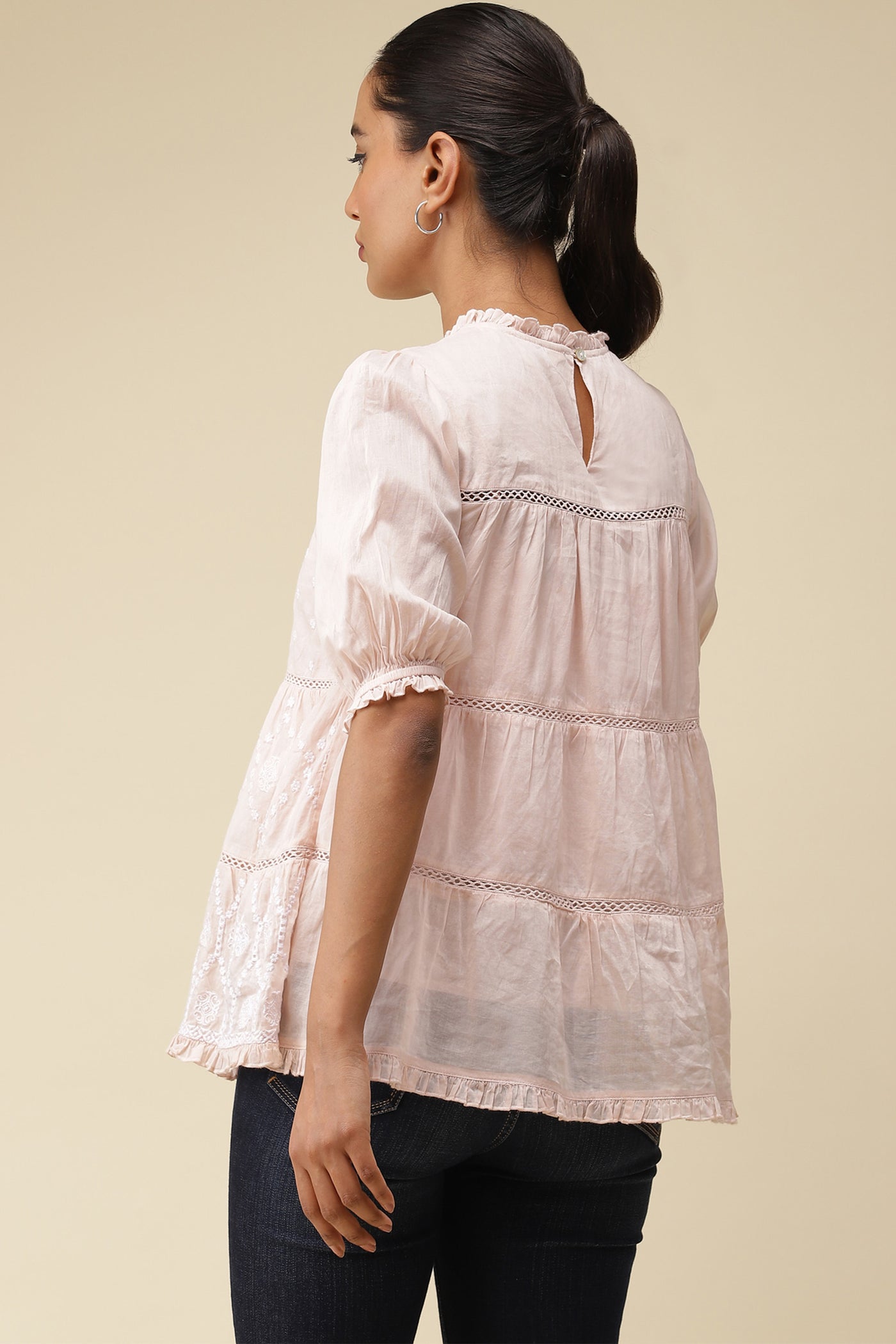 label ritu kumar Pink Embroidered Top With Lace Inserts western  designer wear online shopping melange singapore