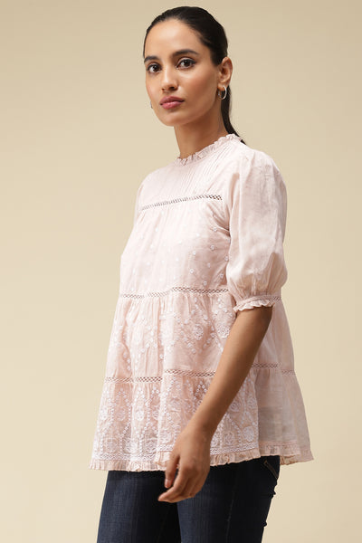 label ritu kumar Pink Embroidered Top With Lace Inserts western  designer wear online shopping melange singapore
