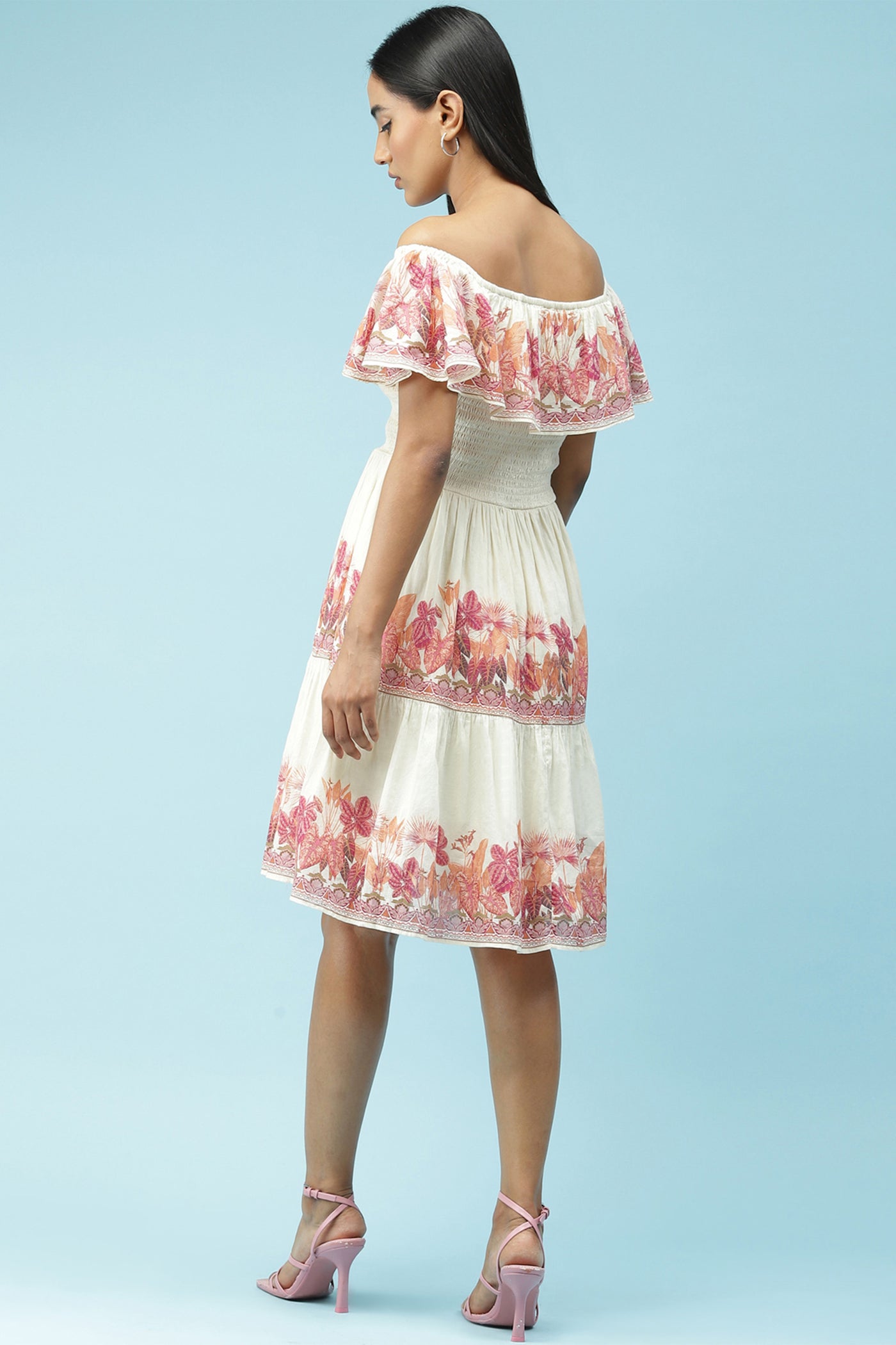 label ritu kumar Pink Off Shoulder Printed Short Dress western  designer wear online shopping melange singapore