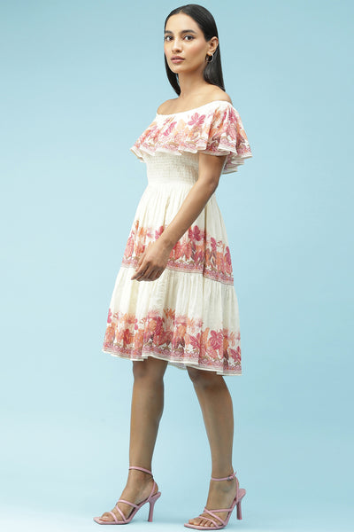 label ritu kumar Pink Off Shoulder Printed Short Dress western  designer wear online shopping melange singapore