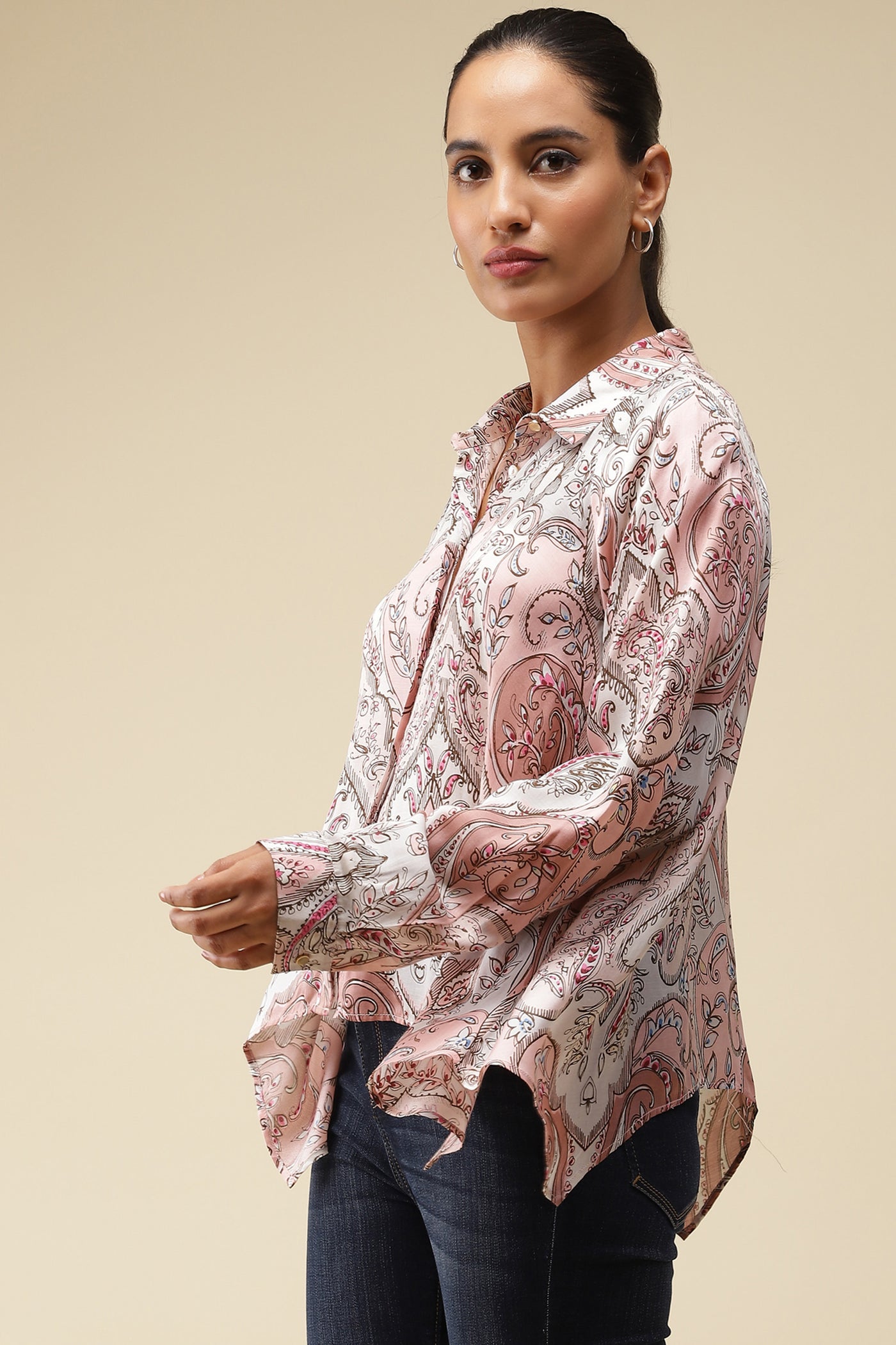 label ritu kumar Pink Printed Asymmetric Satin Shirt western  designer wear online shopping melange singapore
