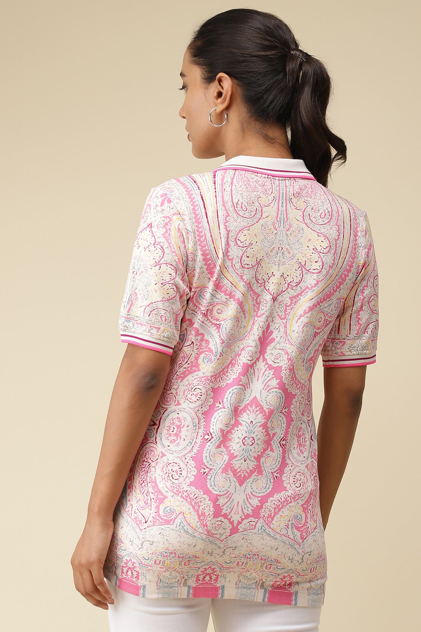 label ritu kumar Pink Printed Polo T-Shirt western  designer wear online shopping melange singapore