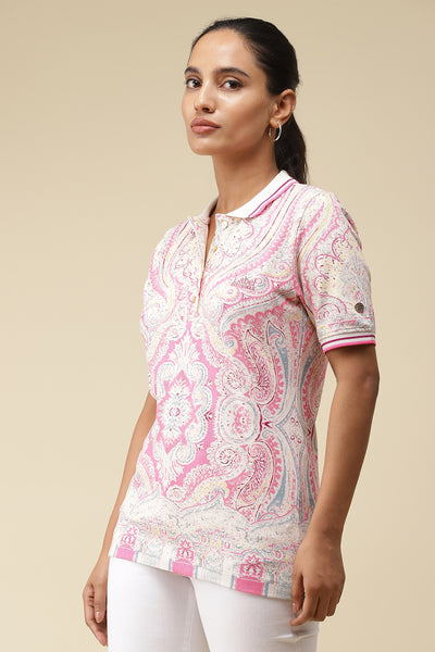 label ritu kumar Pink Printed Polo T-Shirt western  designer wear online shopping melange singapore
