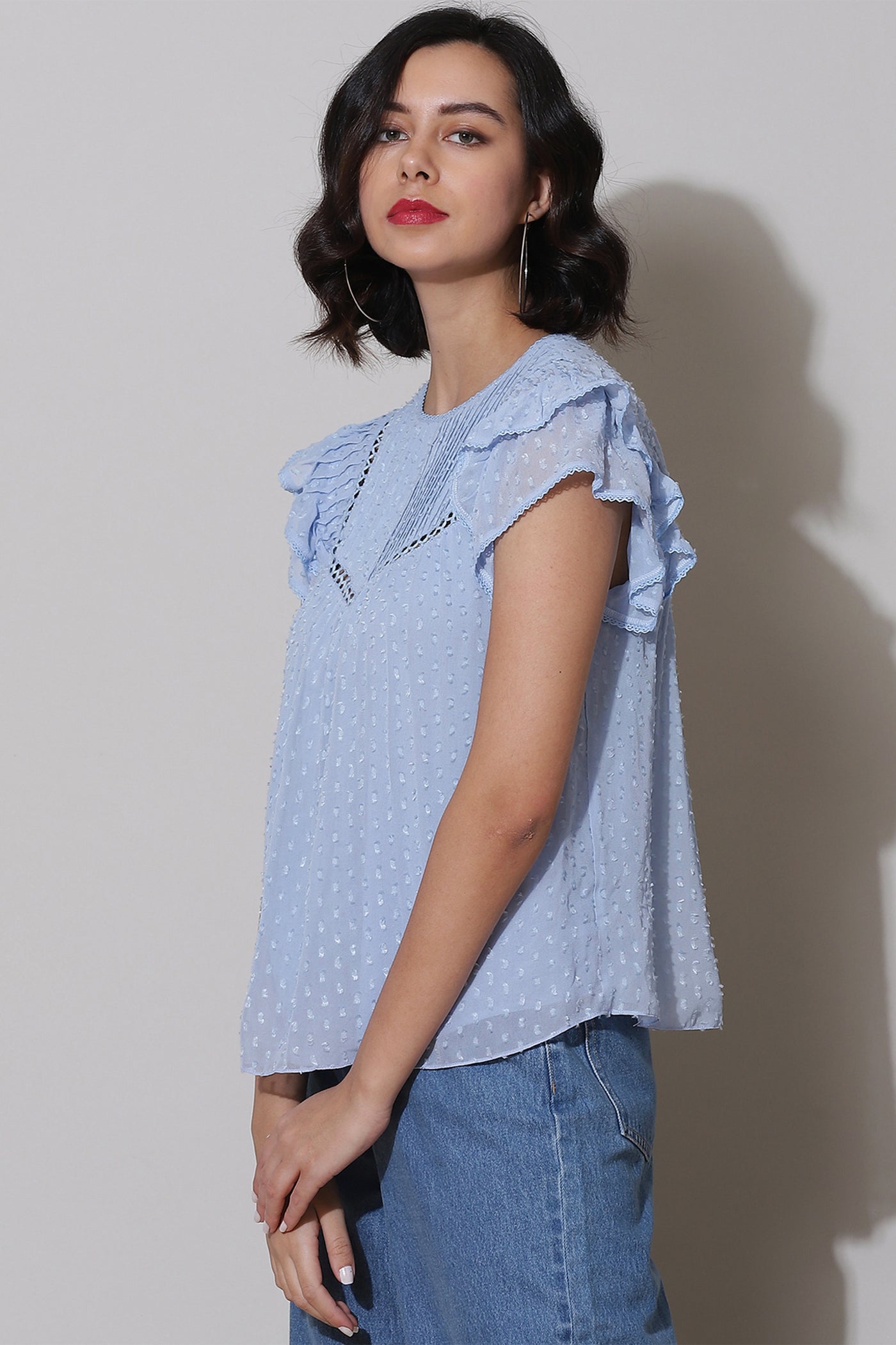 label ritu kumar Powder Blue Pleated Top western  designer wear online shopping melange singapore