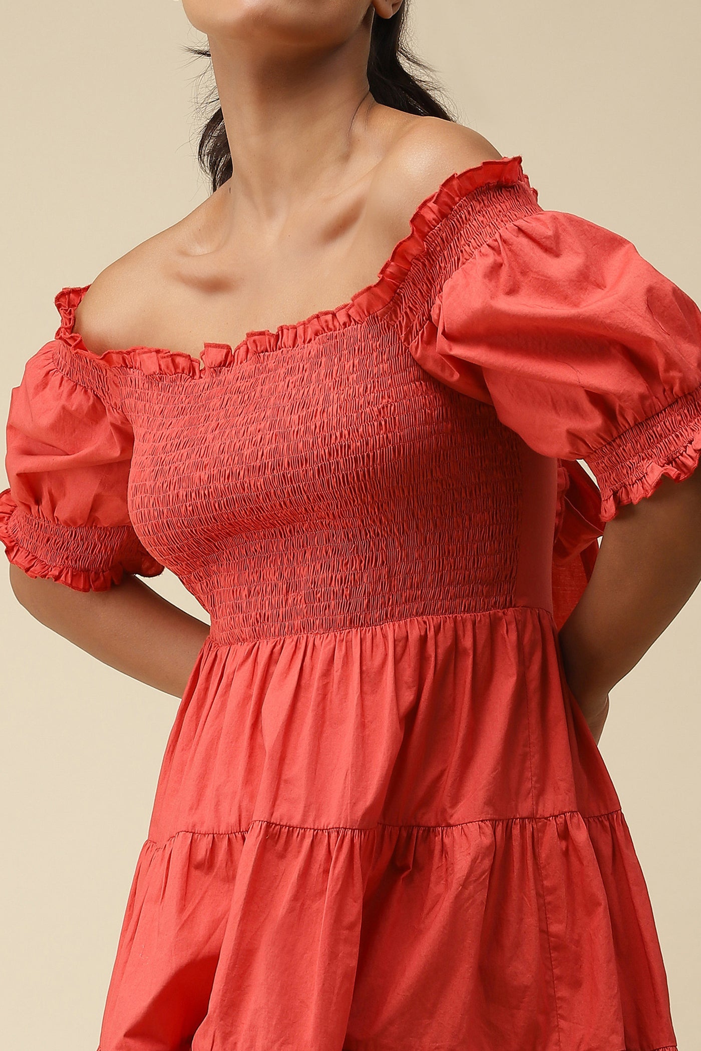 label ritu kumar Red Off Shoulder Short Dress western  designer wear online shopping melange singapore