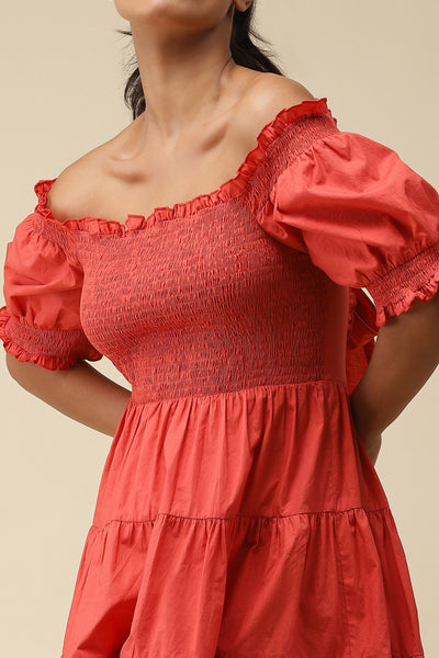 label ritu kumar Red Off Shoulder Short Dress western  designer wear online shopping melange singapore