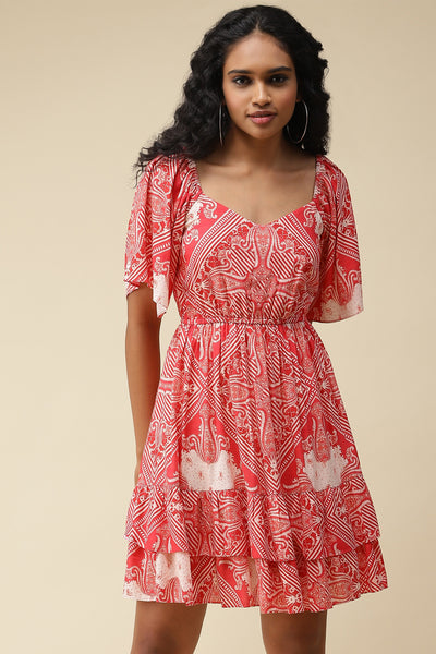 label ritu kumar Red Printed Short Dress western  designer wear online shopping melange singapore
