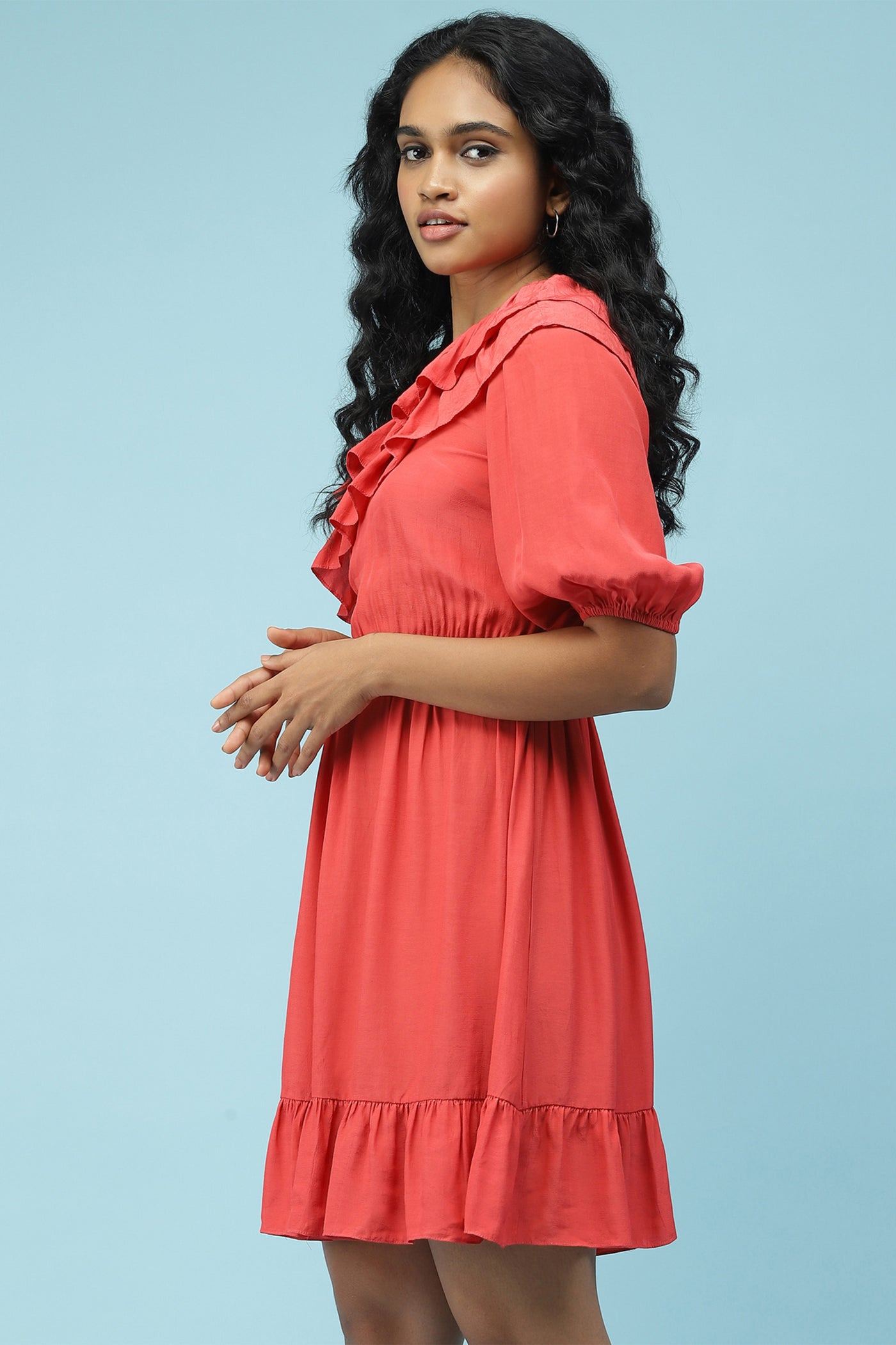 label ritu kumar Red Ruffled One Shoulder Short Dress western  designer wear online shopping melange singapore