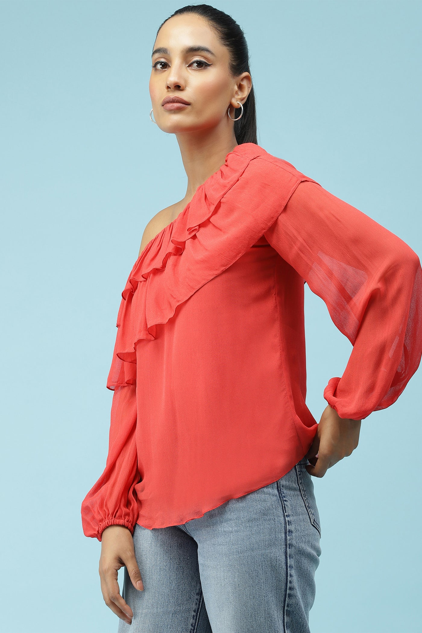 label ritu kumar Red Ruffled One Shoulder Top western  designer wear online shopping melange singapore