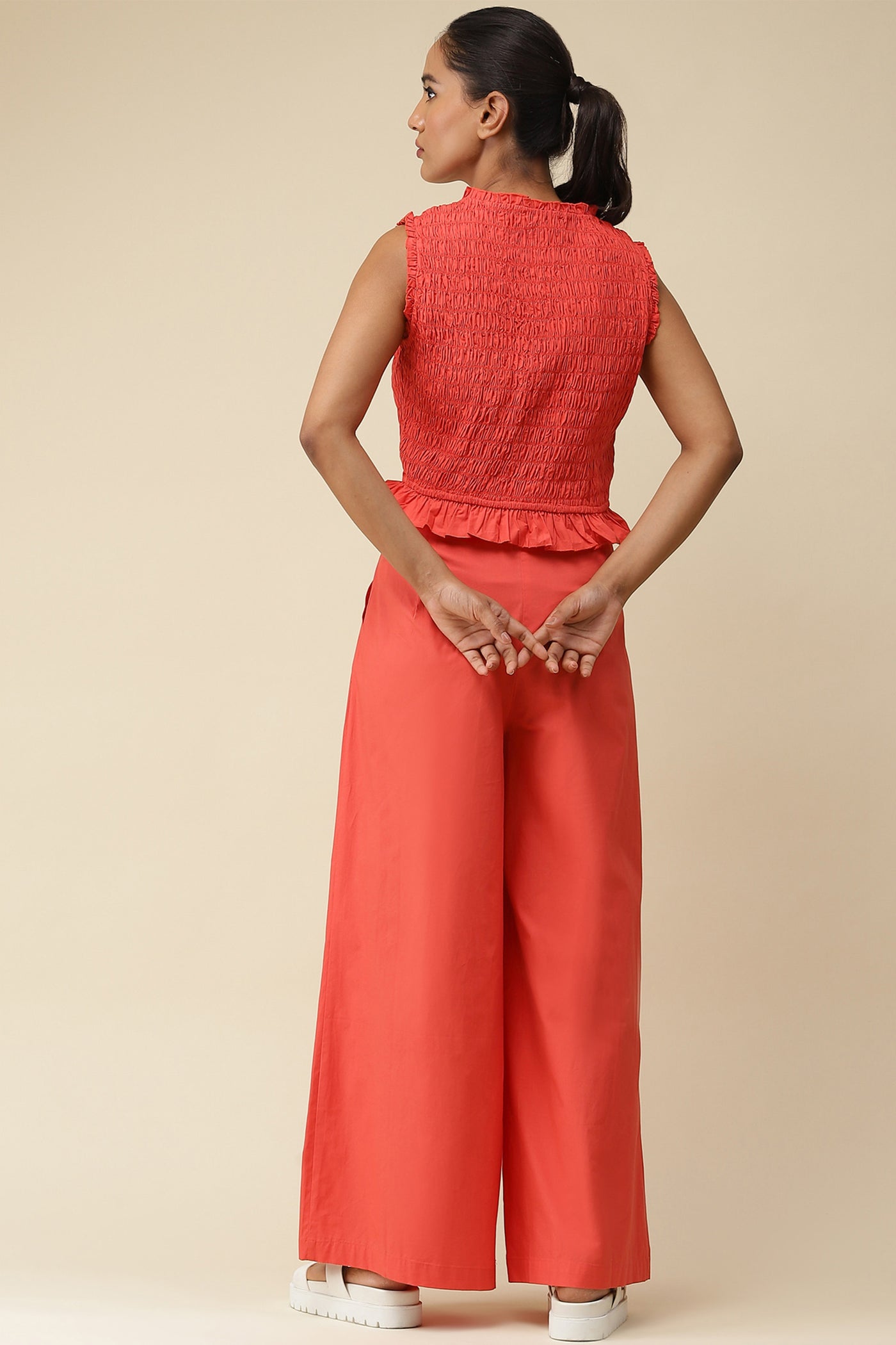 label ritu kumar Red Smocked Cord Set western  designer wear online shopping melange singapore