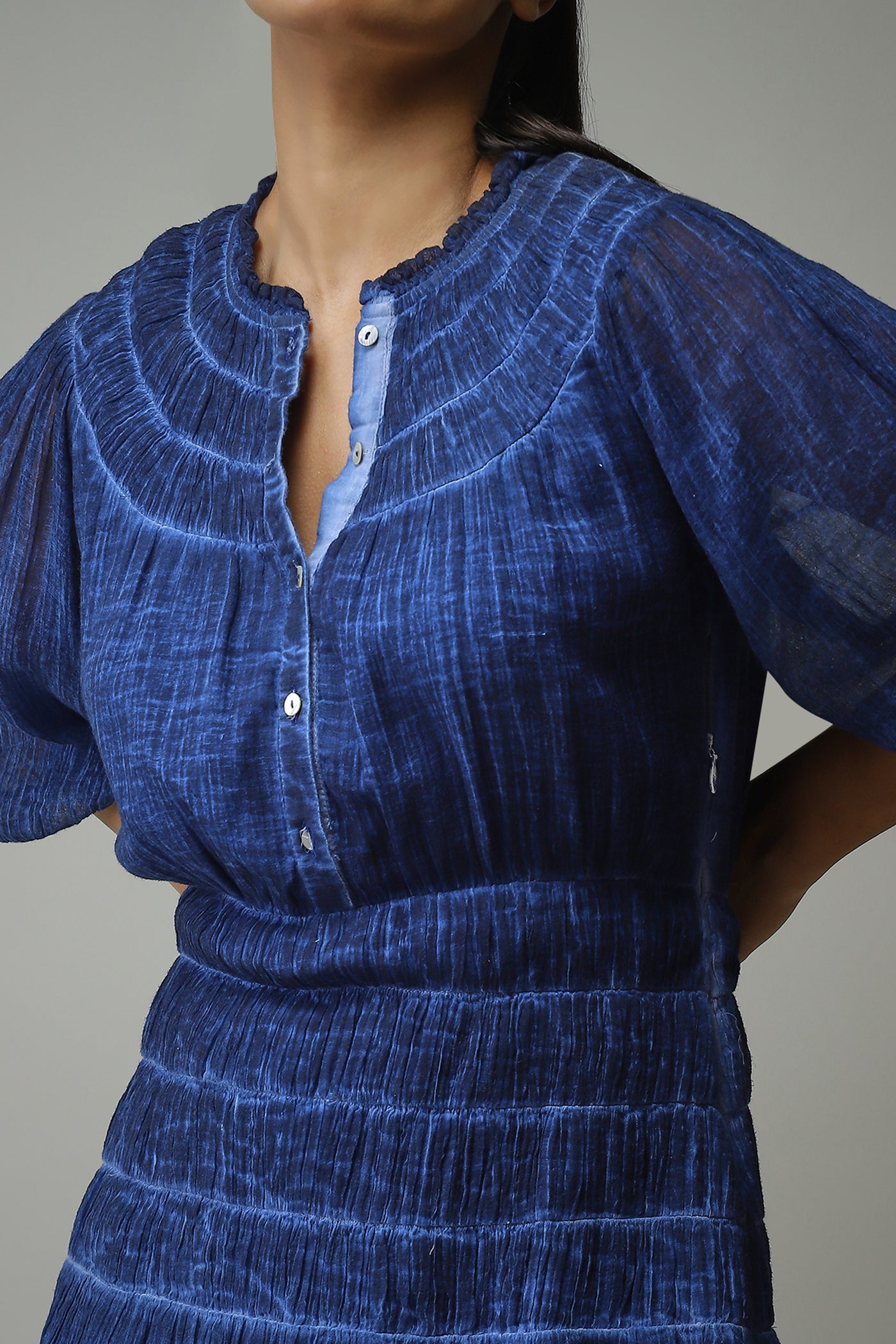 label ritu kumar indigo Round Neck 3/4Th Sleeves Solid Short Dress western  designer wear online shopping melange singapore