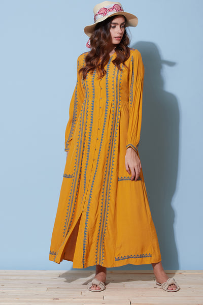 label ritu kumar Yellow Embroidered Long Dress online shopping melange singapore indian designer wear