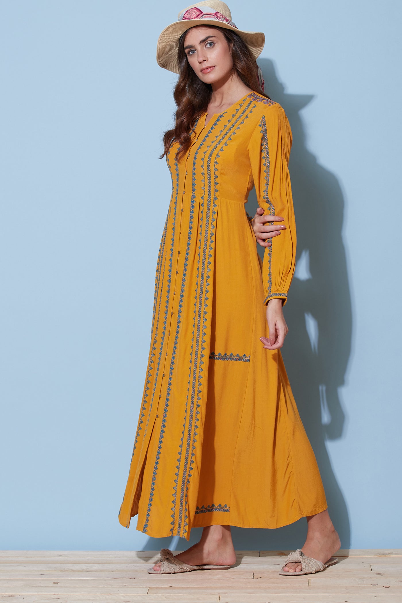 label ritu kumar Yellow Embroidered Long Dress online shopping melange singapore indian designer wear