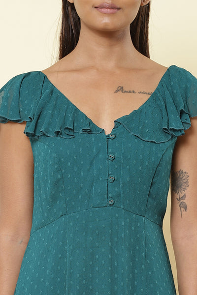 label ritu kumar Ruffled V neck sleeveless solid long dress teal online shopping melange singapore indian designer wear