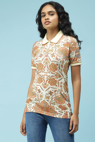 label ritu kumar Rust Printed Polo T-Shirt western  designer wear online shopping melange singapore
