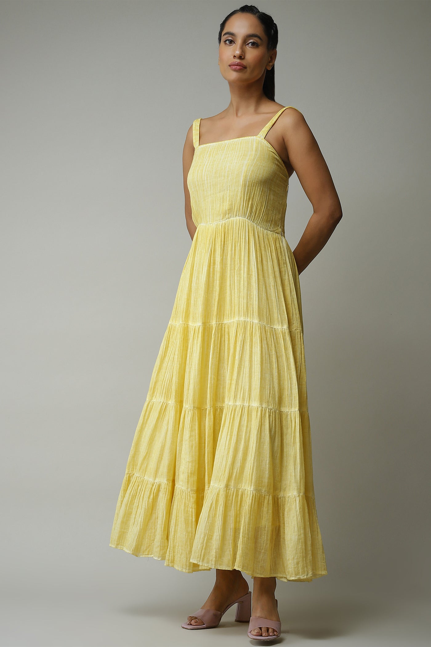 label ritu kumar Yellow Strappy Solid Long Dress western  designer wear online shopping melange singapore