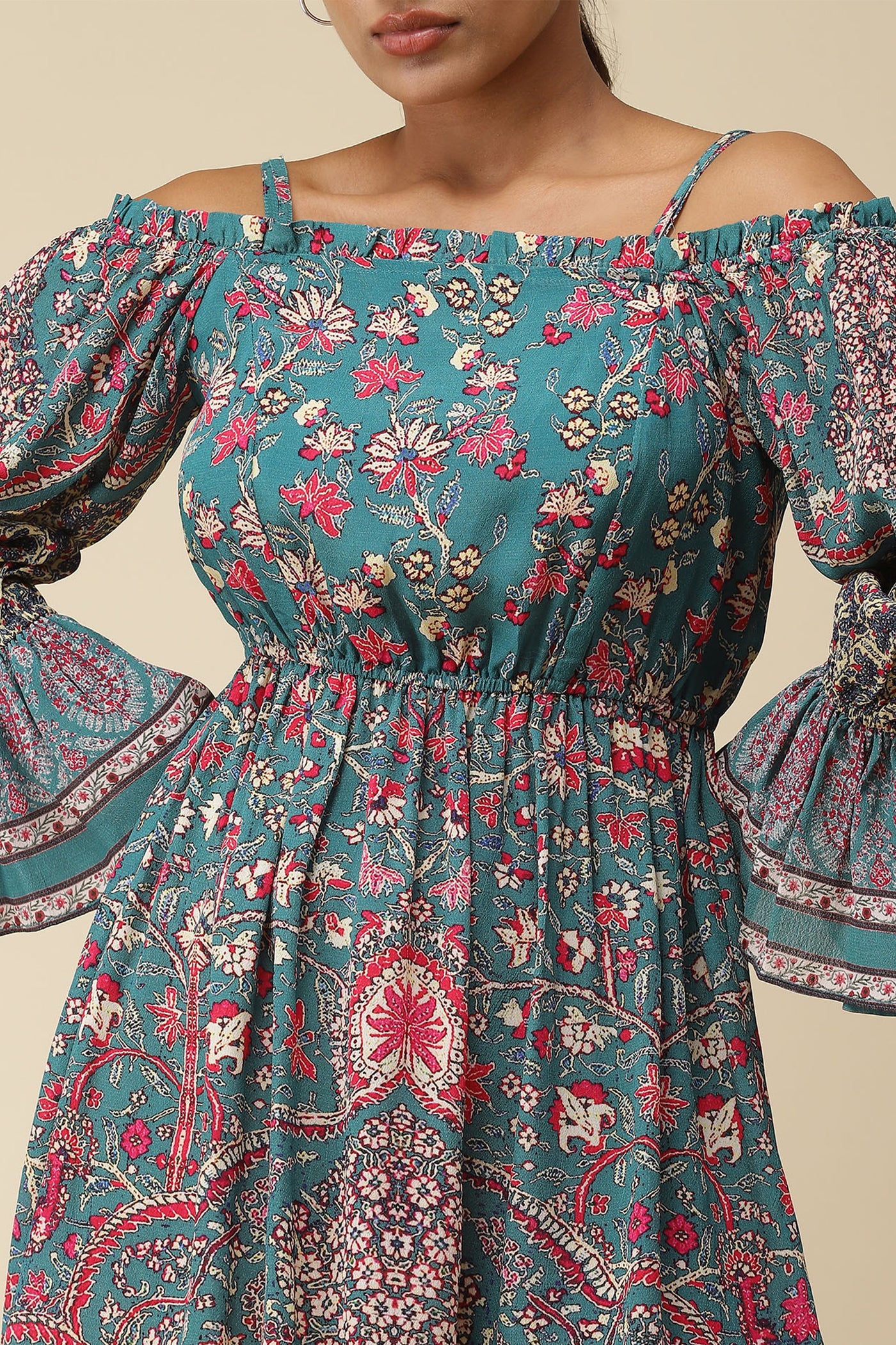 label ritu kumar Teal Floral Print Off Shoulder Short Dress western  designer wear online shopping melange singapore