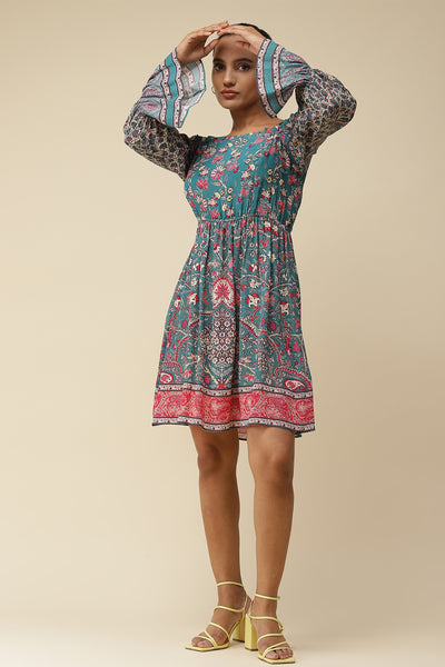 label ritu kumar Teal Floral Print Off Shoulder Short Dress western  designer wear online shopping melange singapore