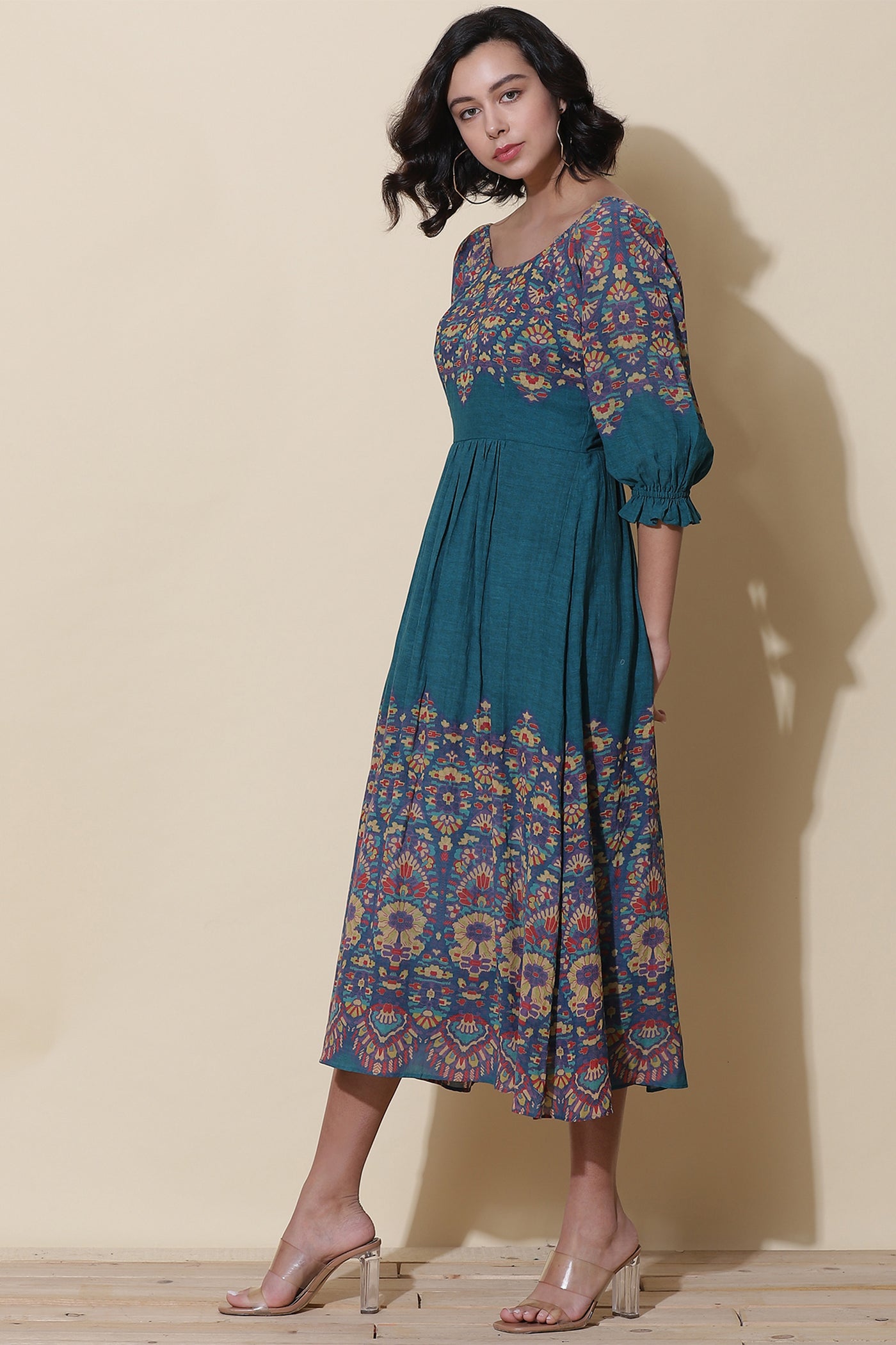 label ritu kumar Teal Printed Maxi Dress western  designer wear online shopping melange singapore