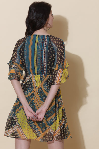 label ritu kumar Teal Printed Short Dress western  designer wear online shopping melange singapore