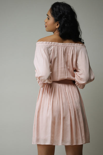 label ritu kumar Peach V-Neck 3/4Th Sleeves Solid Crushed Short Dress western  designer wear online shopping melange singapore