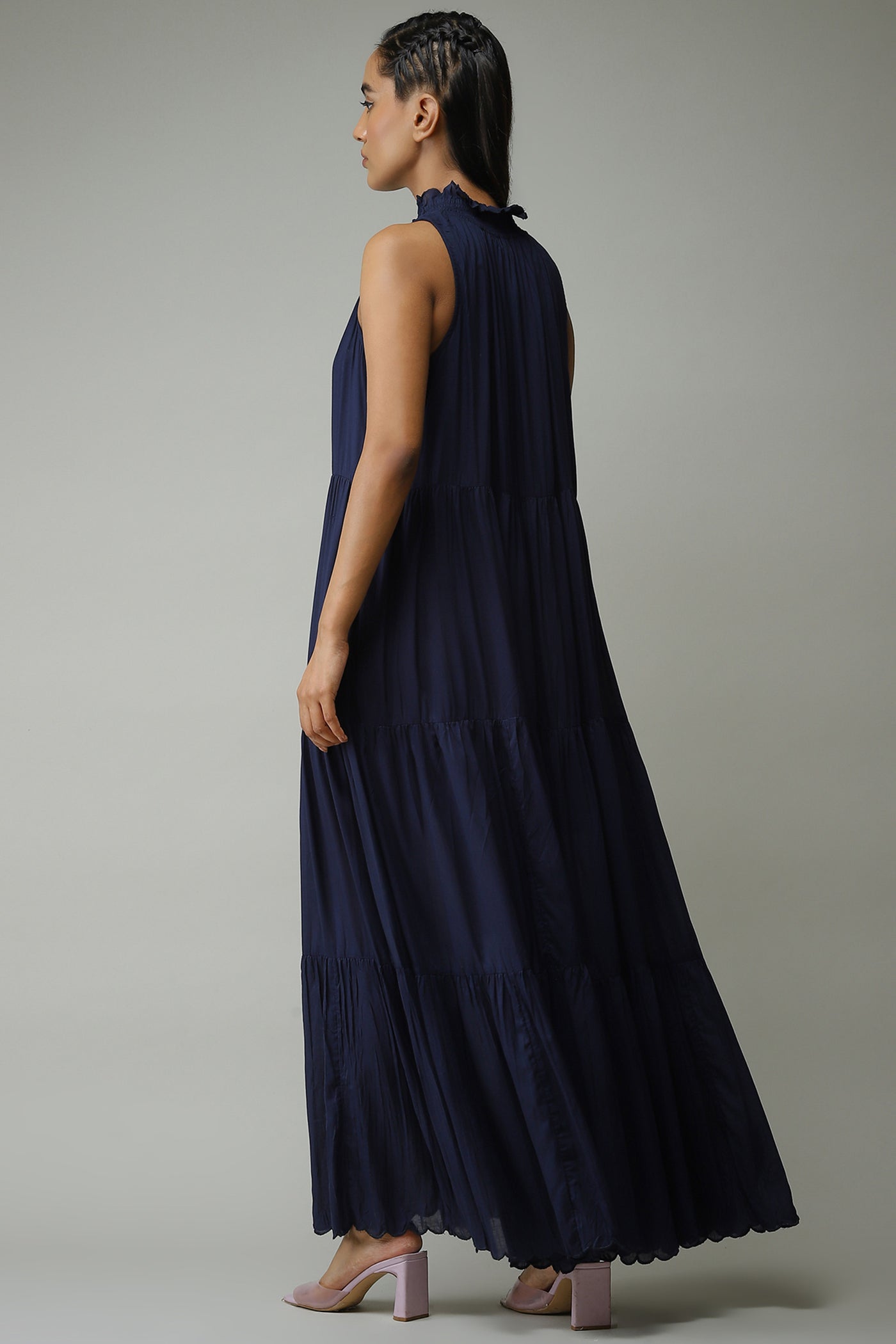 label ritu kumar navy V-Neck Sleeveless Solid Crushed Long Dress western  designer wear online shopping melange singapore