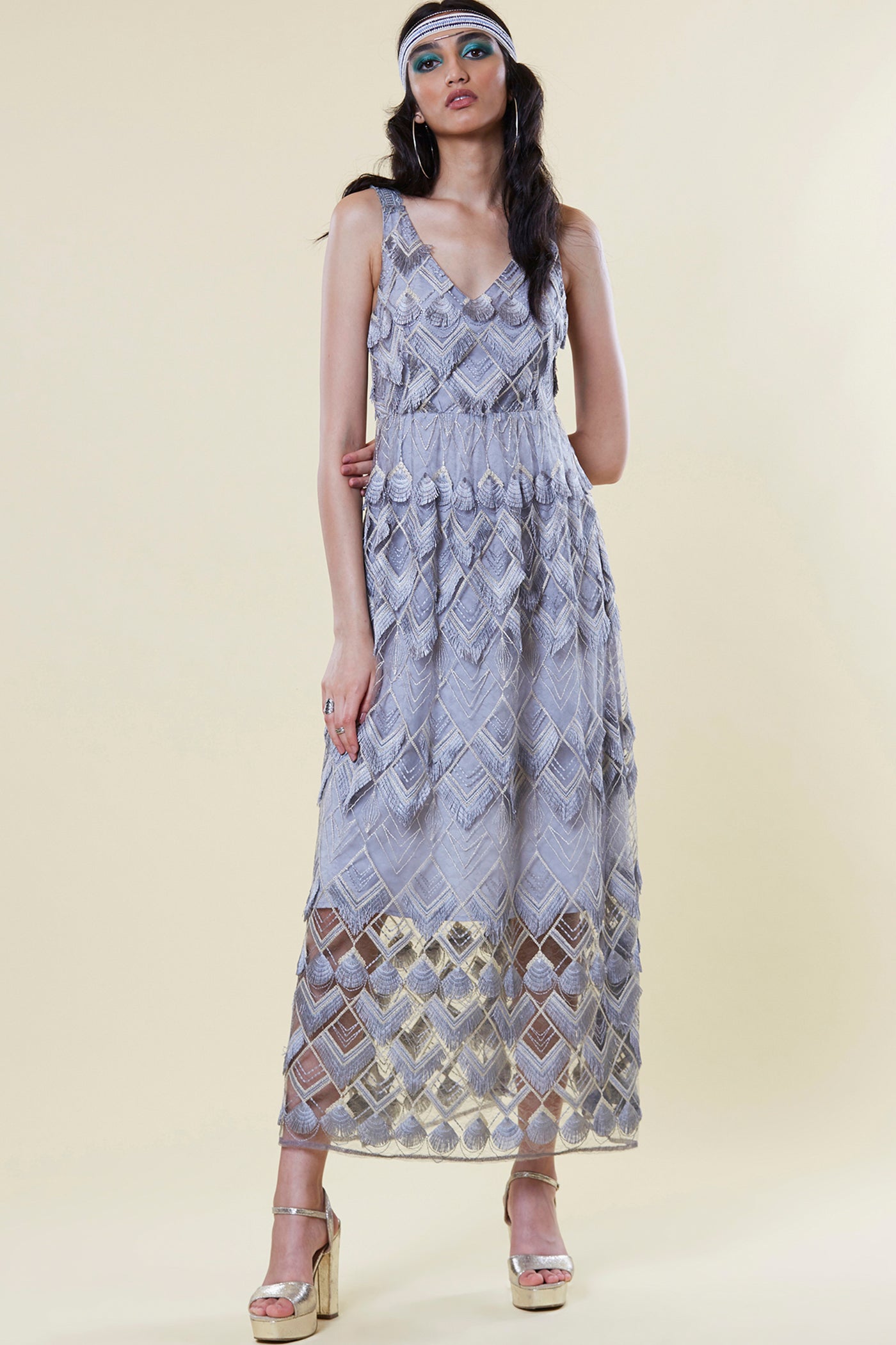 label ritu kumar V Neck Cut Sleeves Long Dress grey online shopping melange singapore indian designer wear
