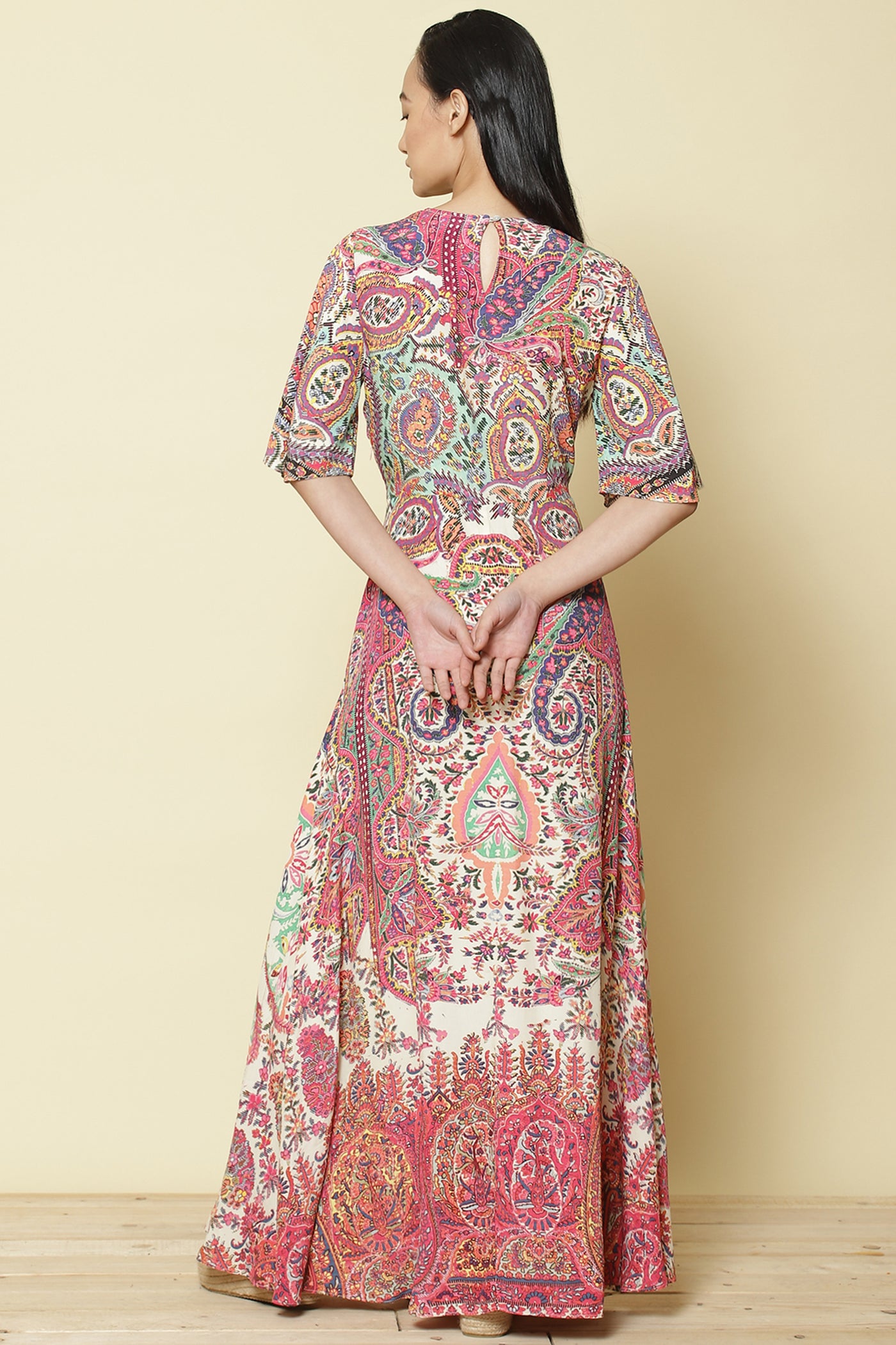 label ritu kumar Half Sleeves Printed Long Dress pink online shopping melange singapore indian designer wear