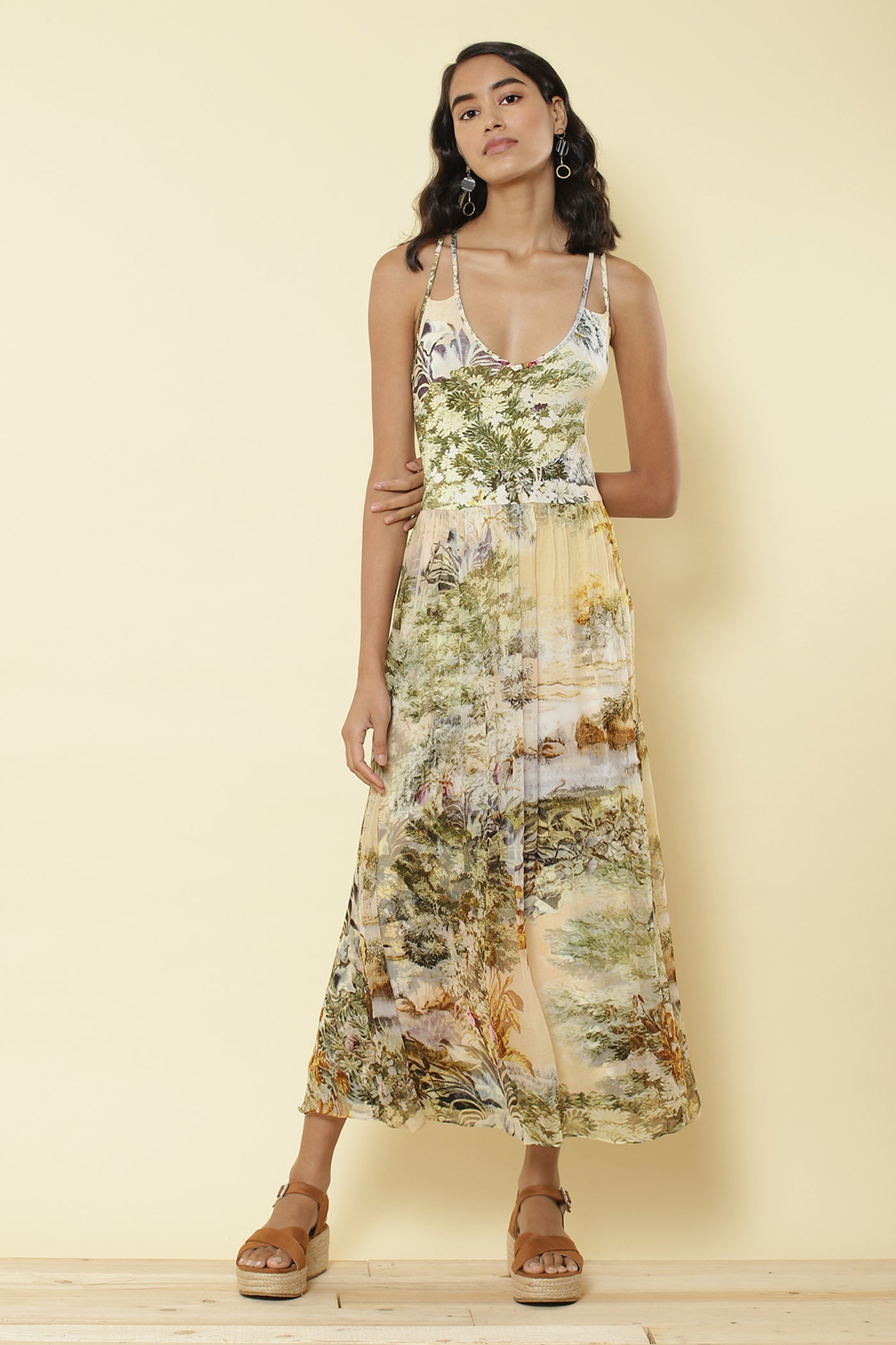 label ritu kumar V neck strappy printed long dress beige online shopping melange singapore indian designer wear