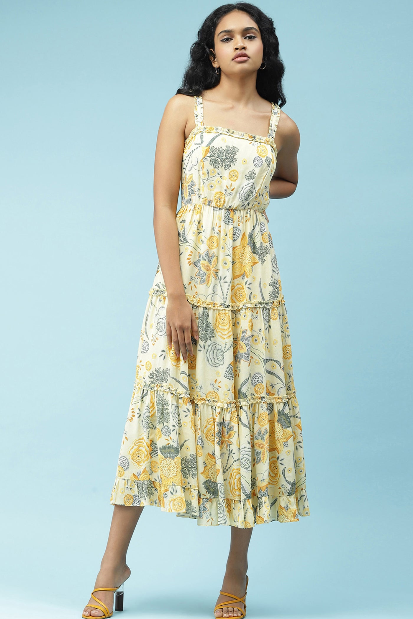 label ritu kumar Yellow Floral Printed Maxi Dress western  designer wear online shopping melange singapore