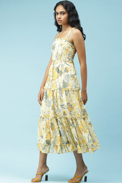 label ritu kumar Yellow Floral Printed Maxi Dress western  designer wear online shopping melange singapore