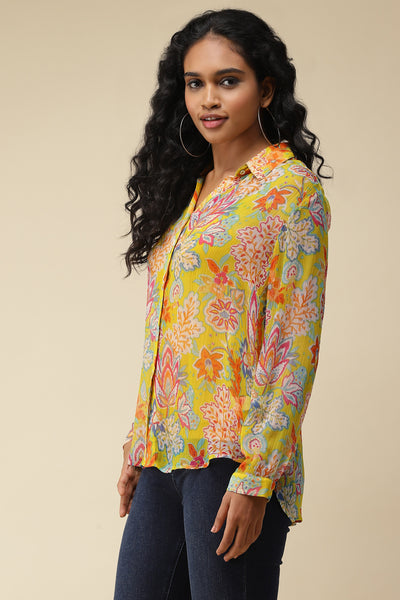 label ritu kumar Yellow Floral Printed Shirt With Camisole western  designer wear online shopping melange singapore