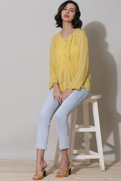 label ritu kumar Yellow Pleated Top With Camisole western  designer wear online shopping melange singapore