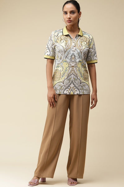 label ritu kumar Yellow Printed Polo T-Shirt western  designer wear online shopping melange singapore