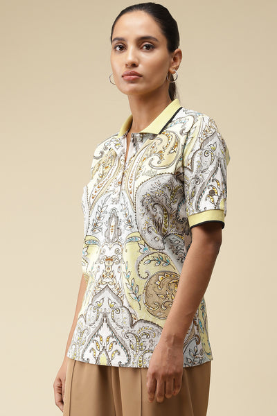 label ritu kumar Yellow Printed Polo T-Shirt western  designer wear online shopping melange singapore