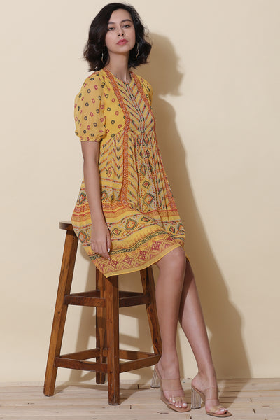 label ritu kumar Yellow Printed Short Dress western  designer wear online shopping melange singapore