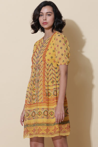 label ritu kumar Yellow Printed Short Dress western  designer wear online shopping melange singapore