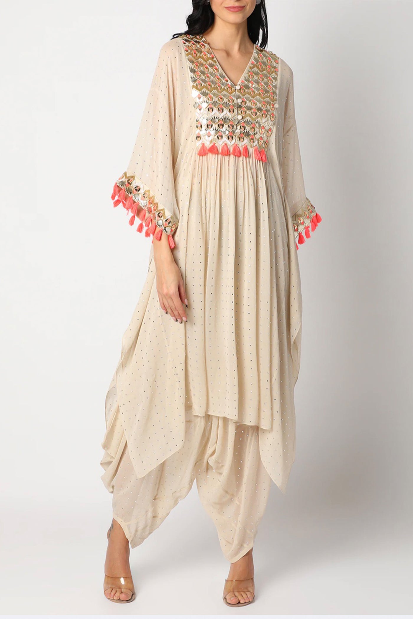 maison blu Cream Arsy Kaftan With Neon Pink Tassels And Cowl Pant With Slip festive fusion Indian designer wear online shopping melange singapore