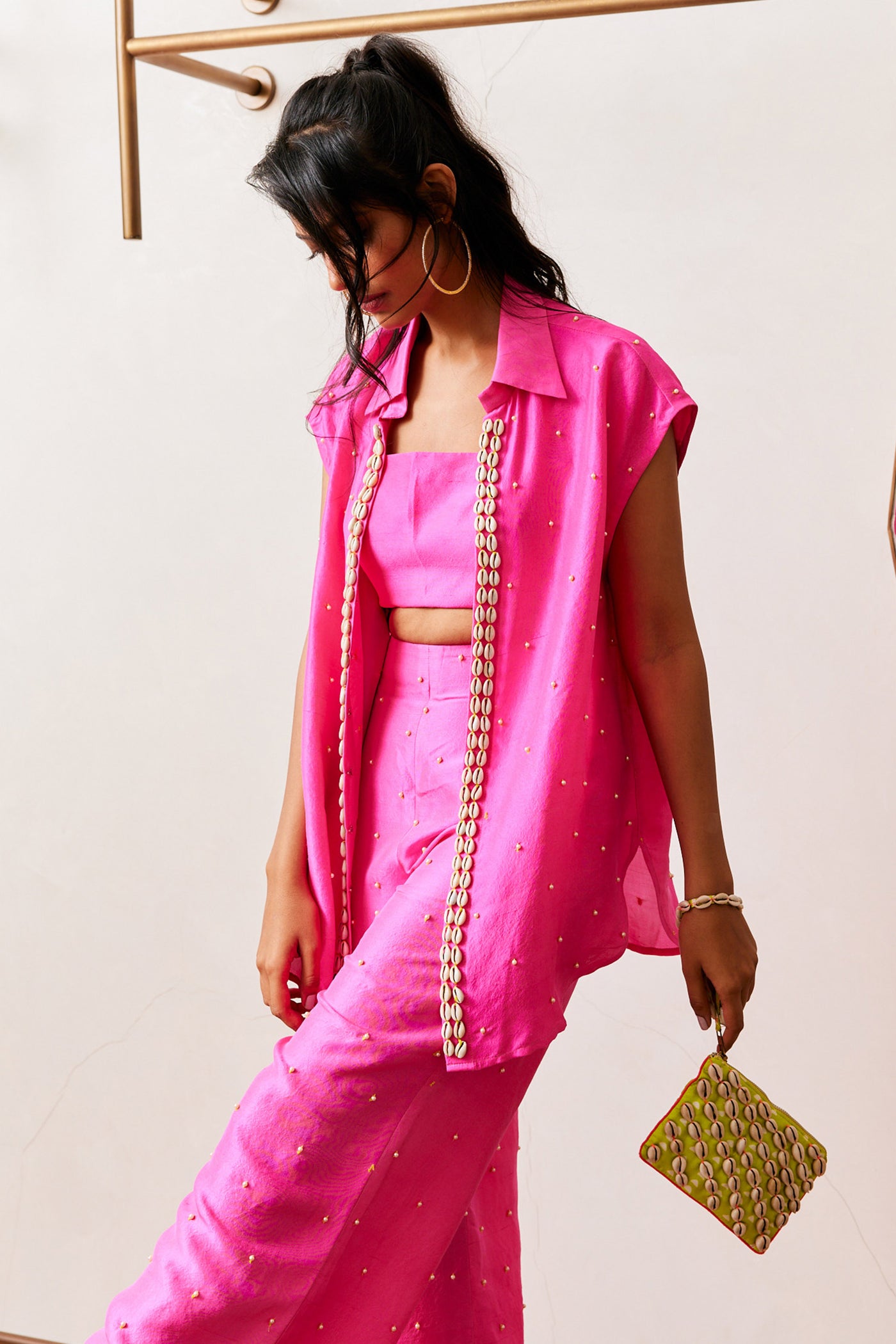 Maison blu Hot pink Shell Shirt with Pant indian designer wear online shopping melange singapore